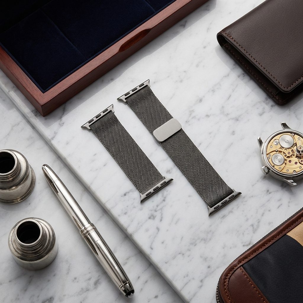 Milanese loop band flat lay Stainless steel luxury