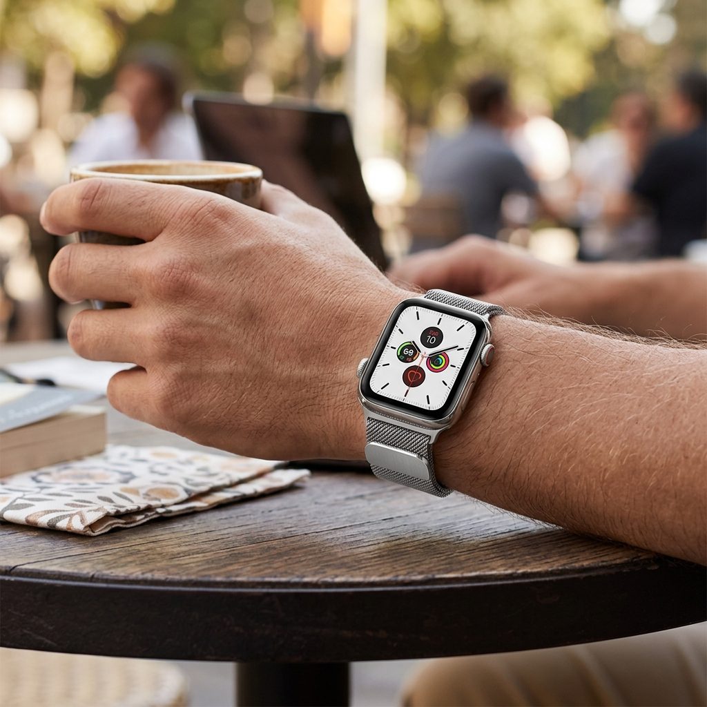 Milanese loop band worn on wrist Stainless steel lifestyle
